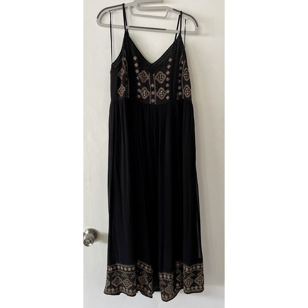 Y2K VTG Lucky Brand Black Gold Embroidered Beaded Boho Maxi Dress M India Resort
